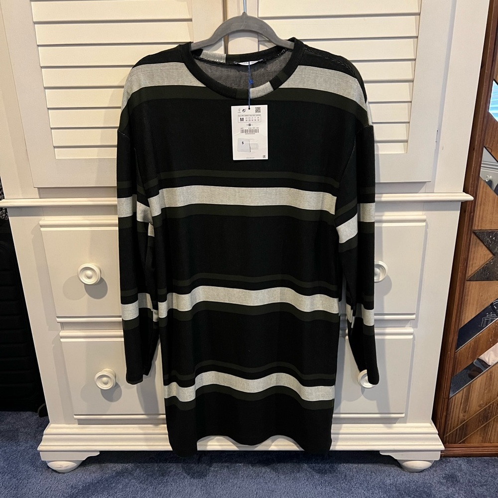 NWT: Green, Cream and Grey Lon Sleeved Zara Dress